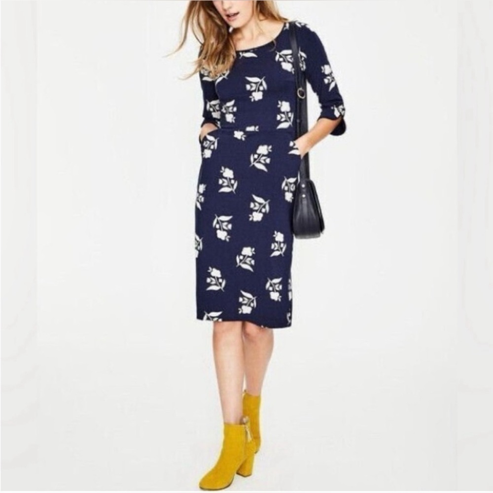 Boden Jessie Jersey Dress in Navy Blue Floral Print Midi‎ Size 6R